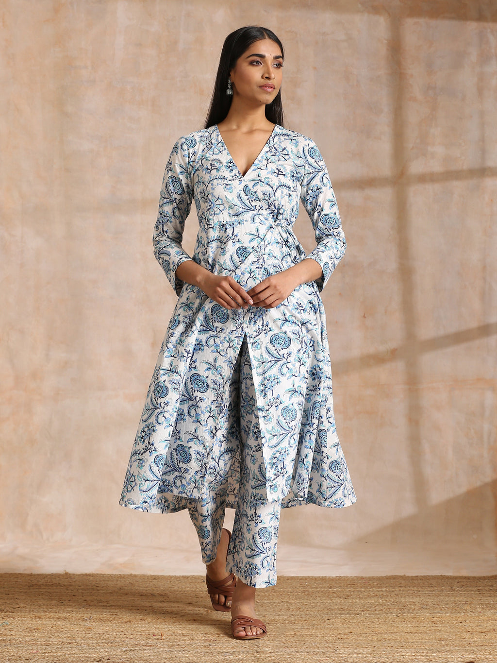 trueBrowns White With Overall Blue Print Cotton Angrakha Kurta Pant Set | Grocsy
