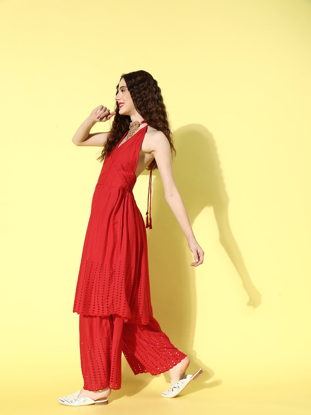 InWeave Women's Red Lace Work Backless Kurta Sharara Set With Lehariya Dupatta | Grocsy