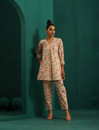 trueBrowns Pink Floral Cotton Printed Neck Pleat Co-ord Set | Grocsy