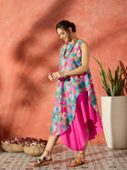 InWeave Blue Floral Fuchsia Asymmetrical Dress | Grocsy