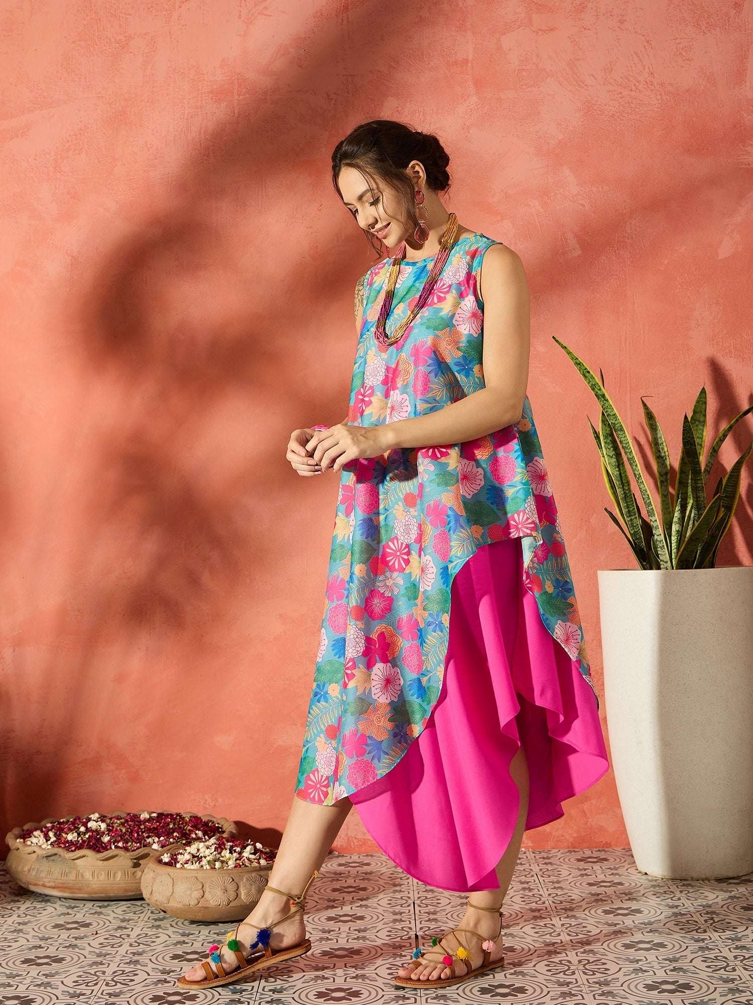 InWeave Blue Floral Fuchsia Asymmetrical Dress | Grocsy