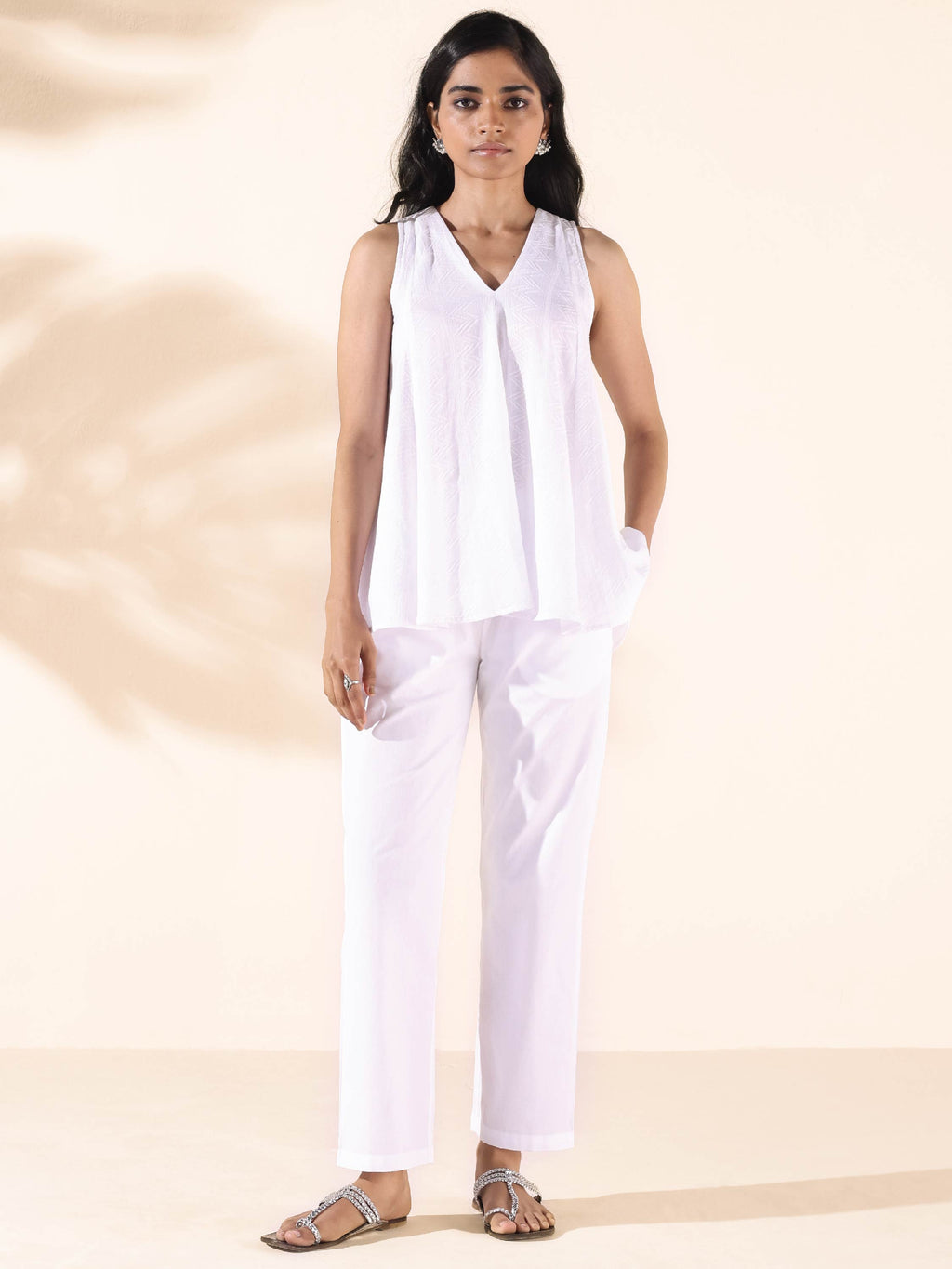 trueBrowns White Cotton Dobby Flared Co-ord Set | Grocsy