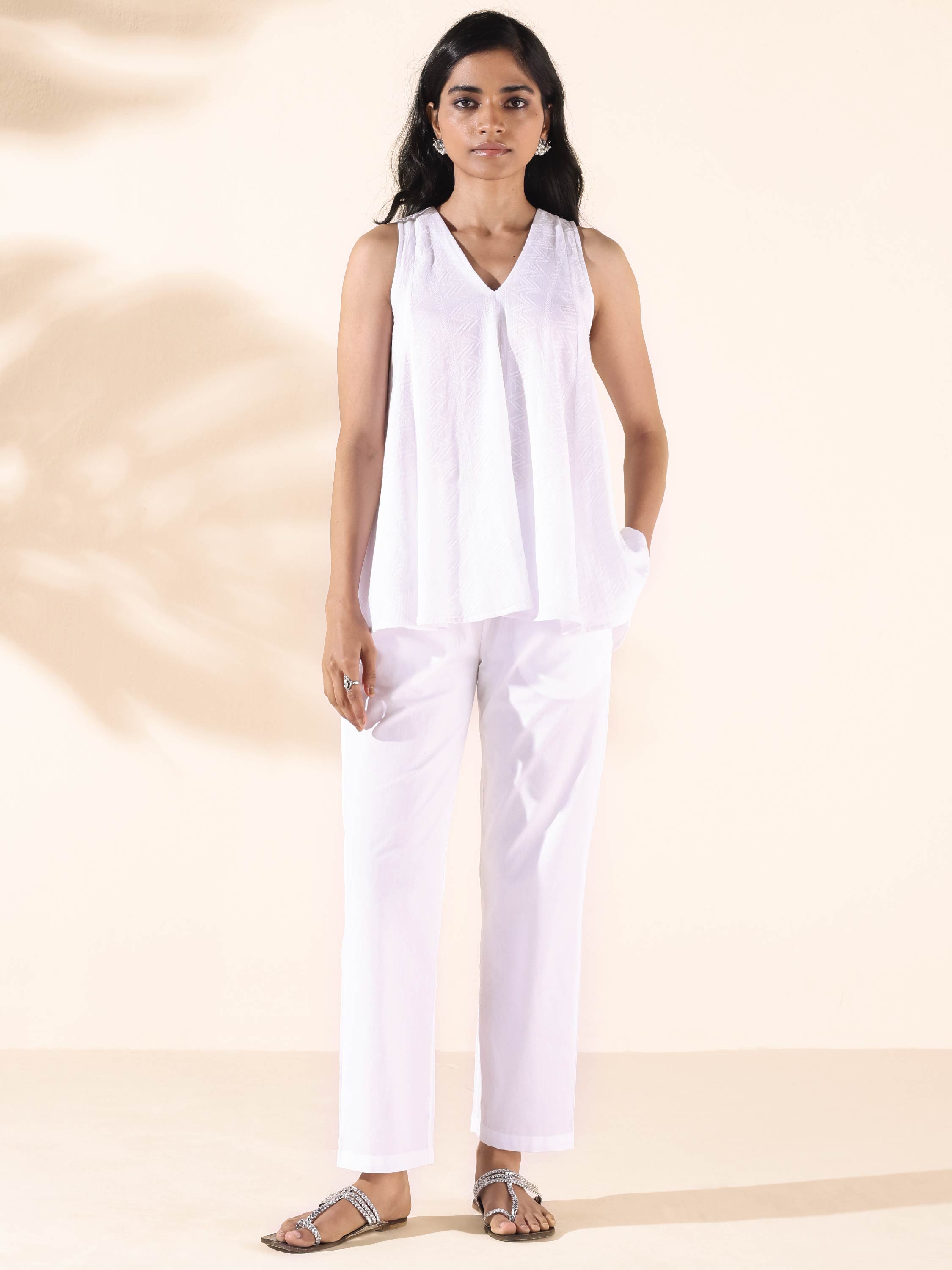 trueBrowns White Cotton Dobby Flared Co-ord Set | Grocsy