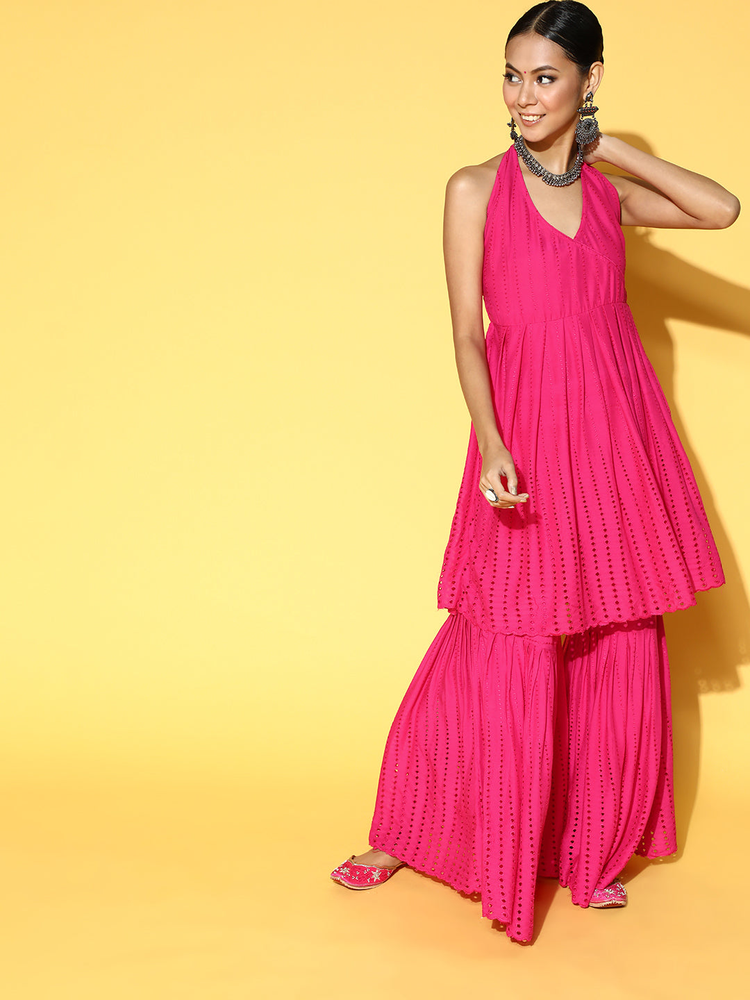 InWeave Fuchsia Backless Kurta Sharara Set | Grocsy
