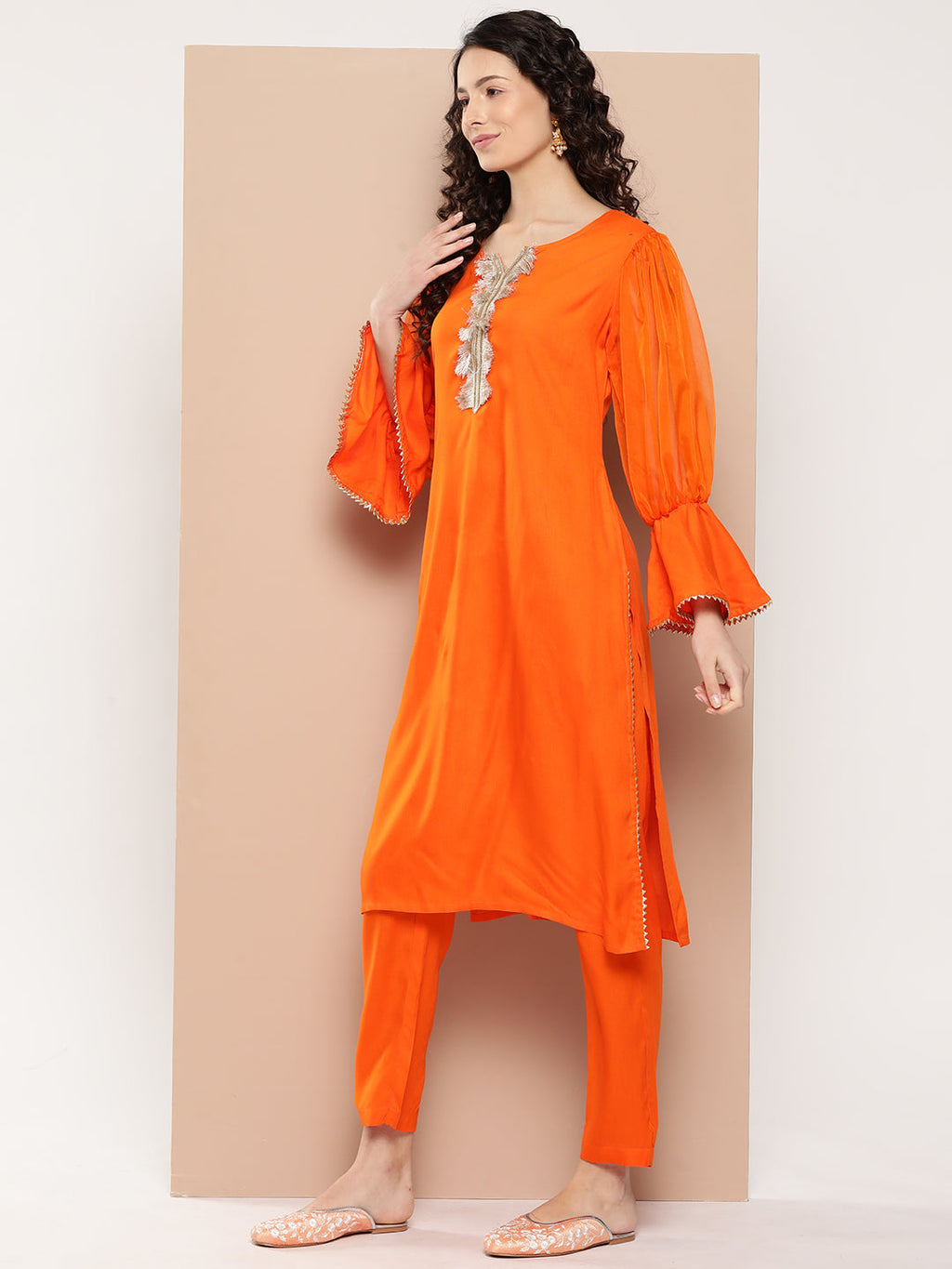 InWeave Women's Orange Organza Sleeve Kurta Set W Green Or Dupatta | Grocsy
