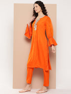 InWeave Women's Orange Organza Sleeve Kurta Set W Green Or Dupatta | Grocsy