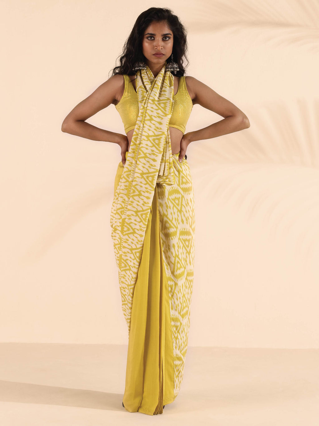 trueBrowns Lime Muslin Ikat Saree | Grocsy
