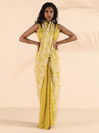 trueBrowns Lime Muslin Ikat Saree | Grocsy