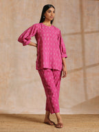 trueBrowns Pink Dabu Print Cotton Baggy Sleeve Co-Ord Set | Grocsy