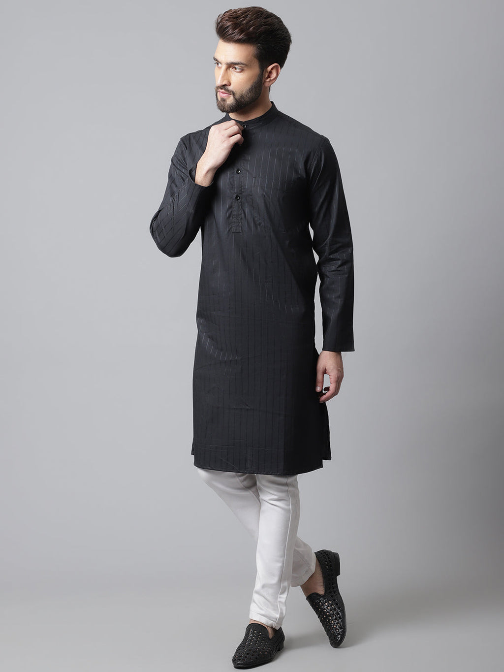 Even Apparels Black Solid Kurta With Band Collar | Grocsy