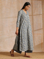 trueBrowns Blue Grey Overall Floral Block On White Print Cotton Kurta Pant Set | Grocsy