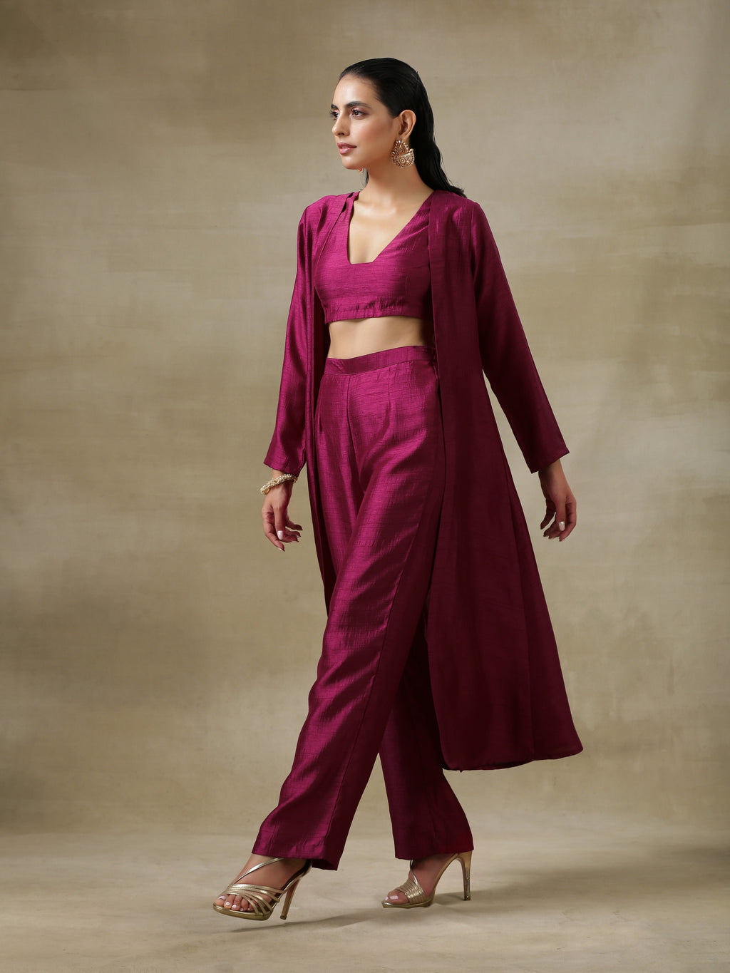 trueBrowns Purple Textured Silk Overlay Jacket Blouse Pant Set | Relove | Grocsy
