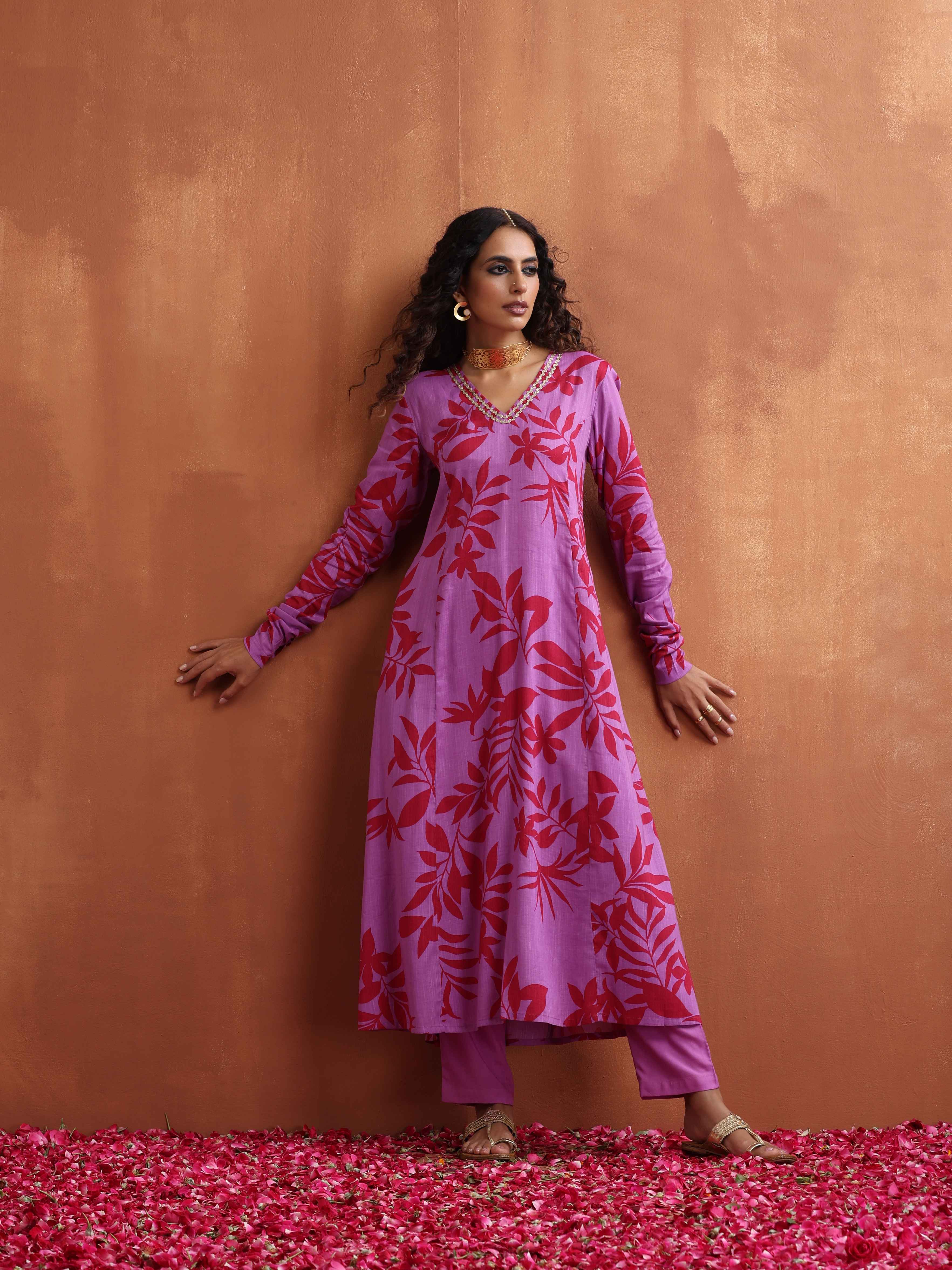 trueBrowns Purple Print A-line Kurta Set | Grocsy