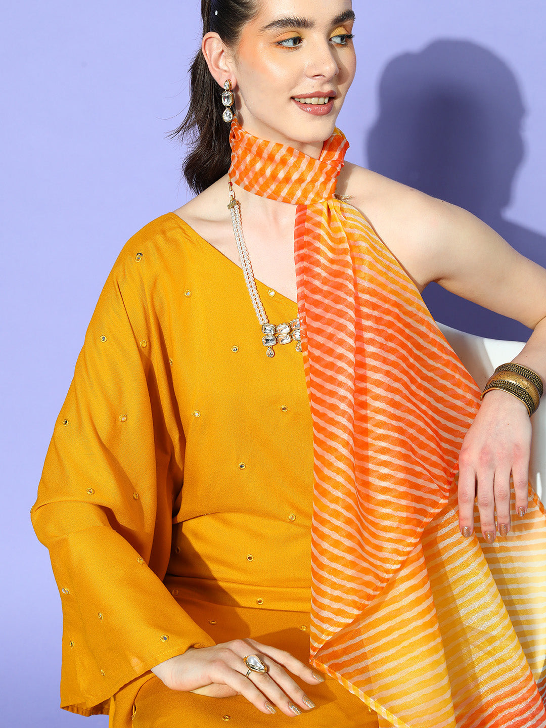 InWeave Women's Mustard Mirror Work One Shoulder Kurta Set With Dupatta | Grocsy