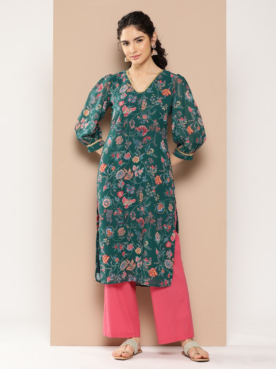 Ahalyaa Women Floral Printed Gotta Patti Floral Georgette Kurta | Grocsy