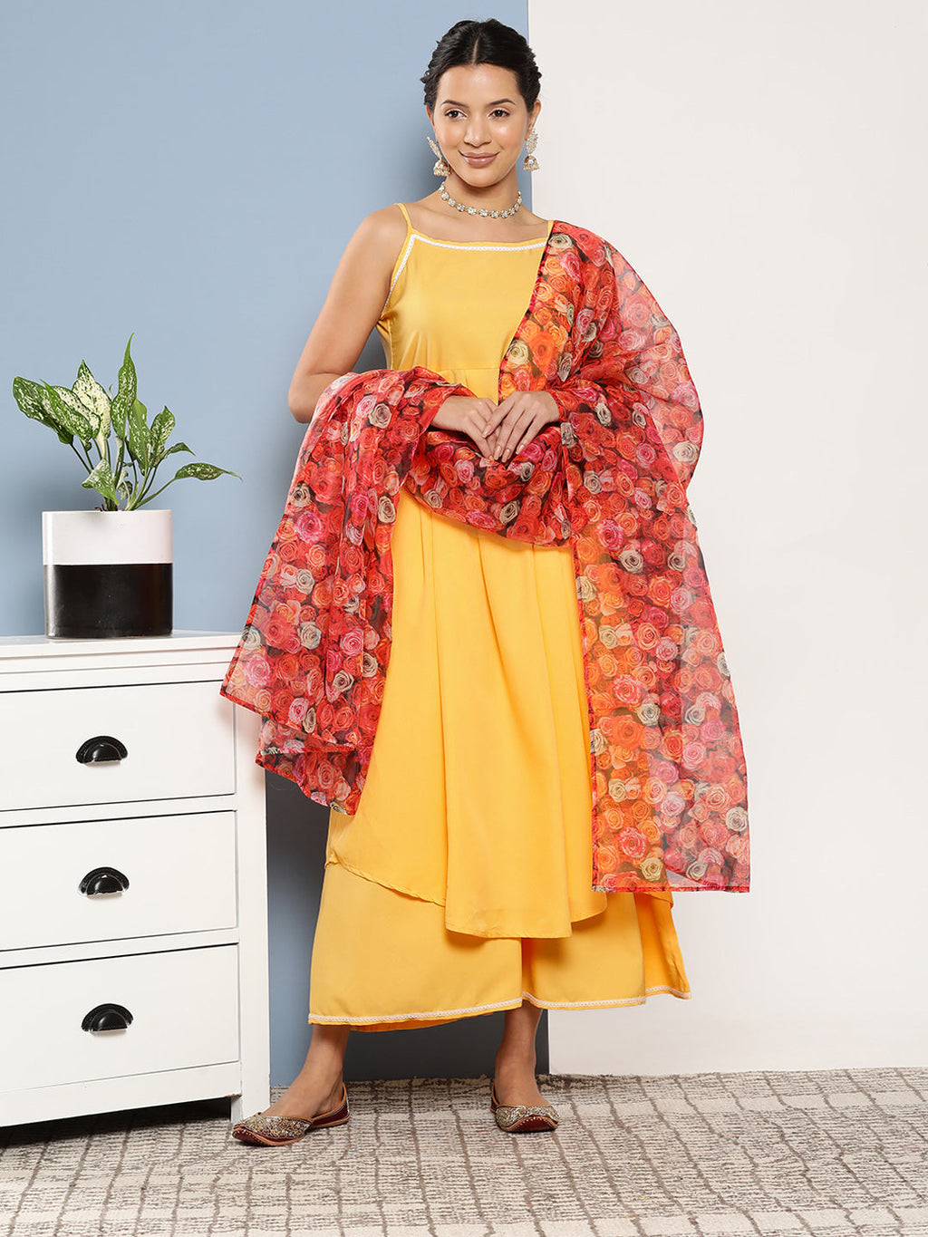 InWeave Women's Cassatta Yellow Cr Strappy Set With Rose Print Dupatta | Grocsy
