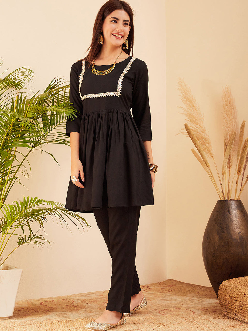 InWeave Women's Black Round Neck Square Gota Work Kurta Pant Set | Grocsy