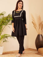 InWeave Women's Black Round Neck Square Gota Work Kurta Pant Set | Grocsy