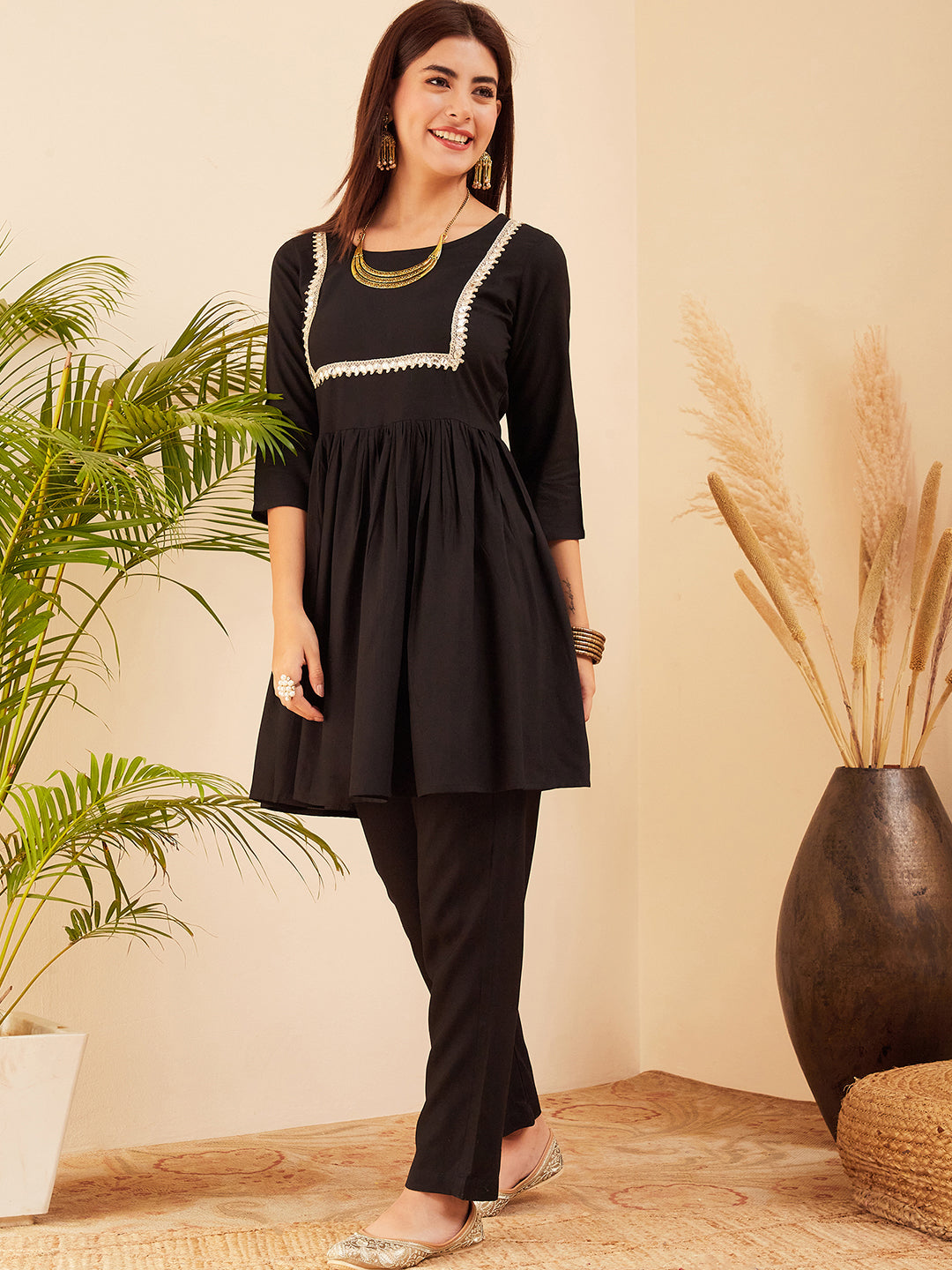 InWeave Women's Black Round Neck Square Gota Work Kurta Pant Set | Grocsy