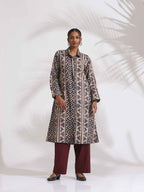 trueBrowns Beige Cotton Geometric Print Shirt Kurta Set | Grocsy