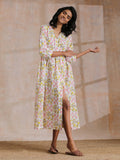 trueBrowns Pink Yellow Floral On White Block Print Cotton Wrap Dress | Grocsy
