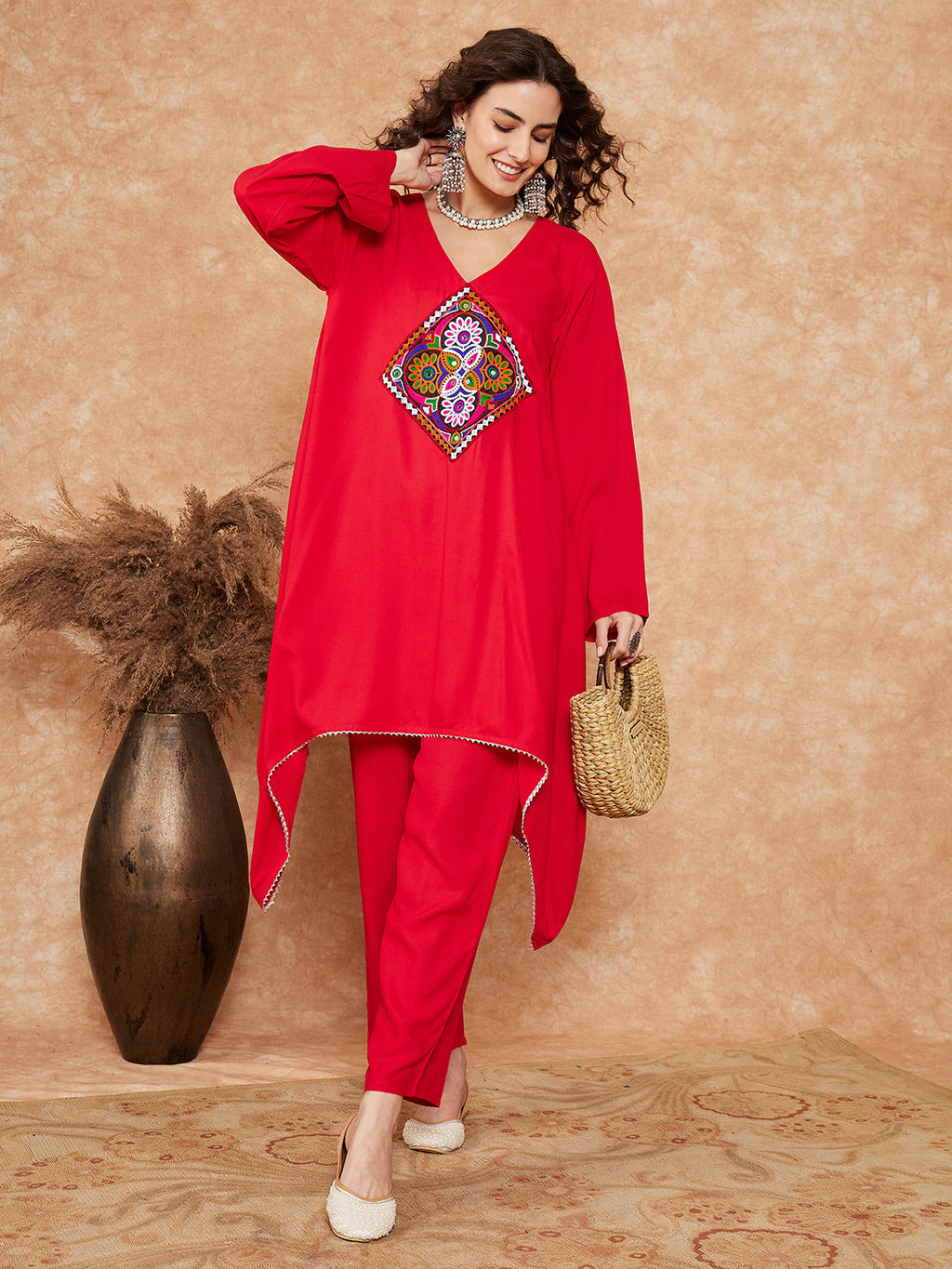 InWeave Women's Red Square Maroon Patch Work Assymentrical Kurta Set | Grocsy