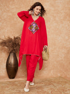InWeave Women's Red Square Maroon Patch Work Assymentrical Kurta Set | Grocsy