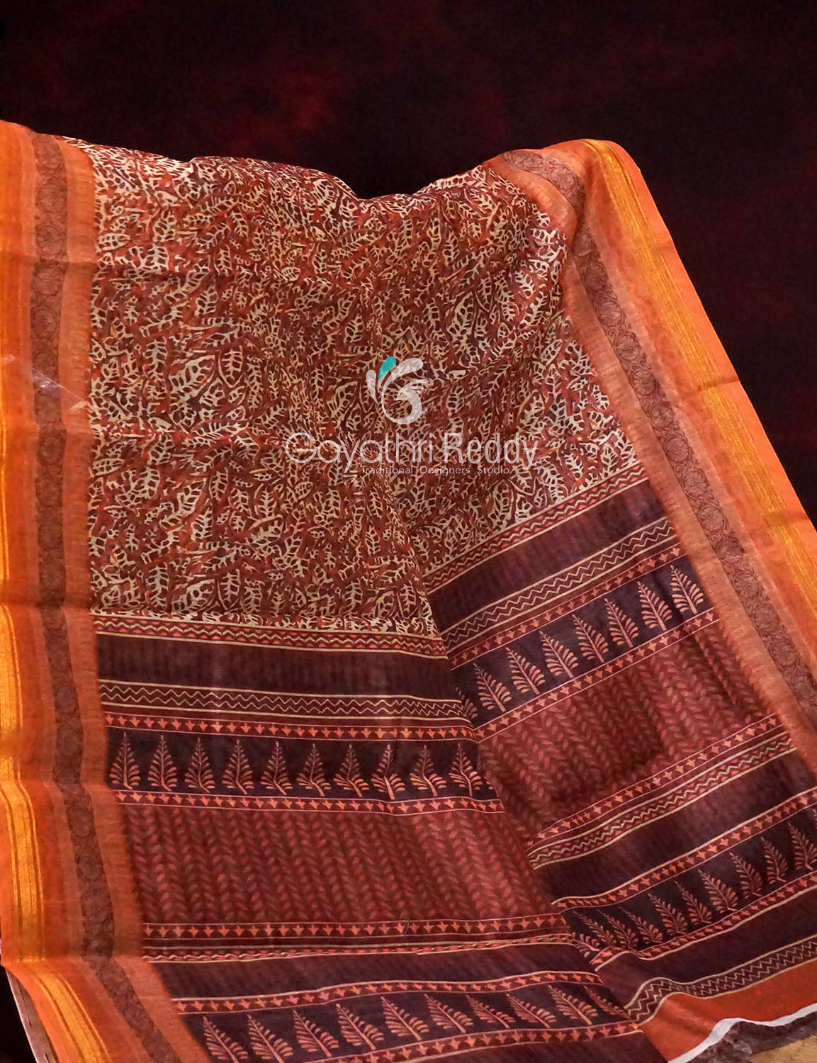 Orange and Rust Printed Semi Chanderi Saree By Gayathri Reddy Designer Studio | Grocsy