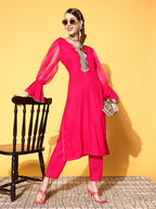 InWeave Women's Fuschia Organza Sleeve Gota Work Kurta Set | Grocsy