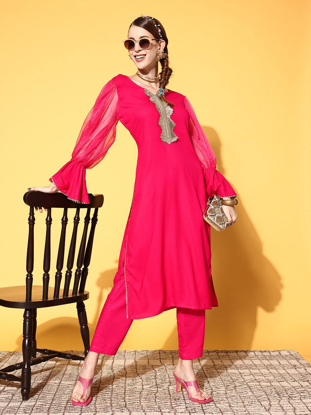 InWeave Women's Fuschia Organza Sleeve Gota Work Kurta Set | Grocsy