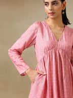 trueBrowns Light Mauve Bandhani Printed Silk Flared Kurta Pant Set | Grocsy