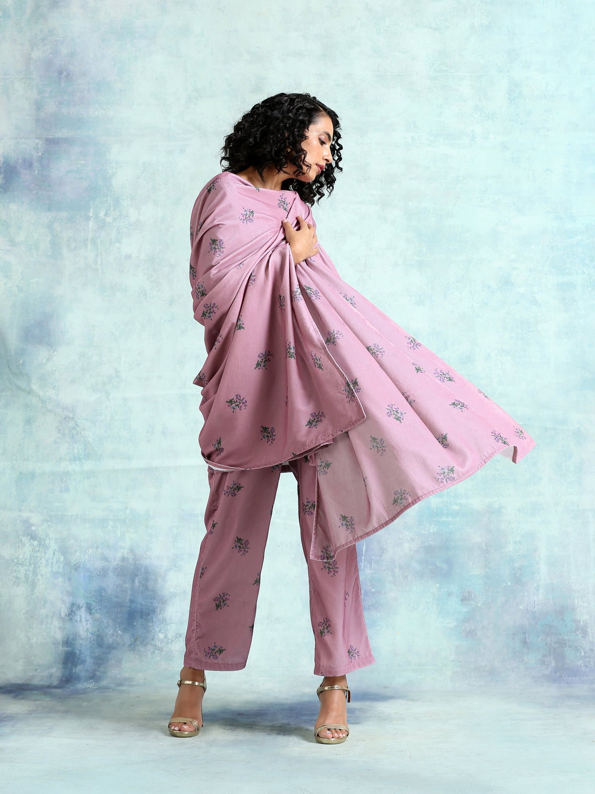 trueBrowns Light Mauve Printed Velvet Shawl | Grocsy