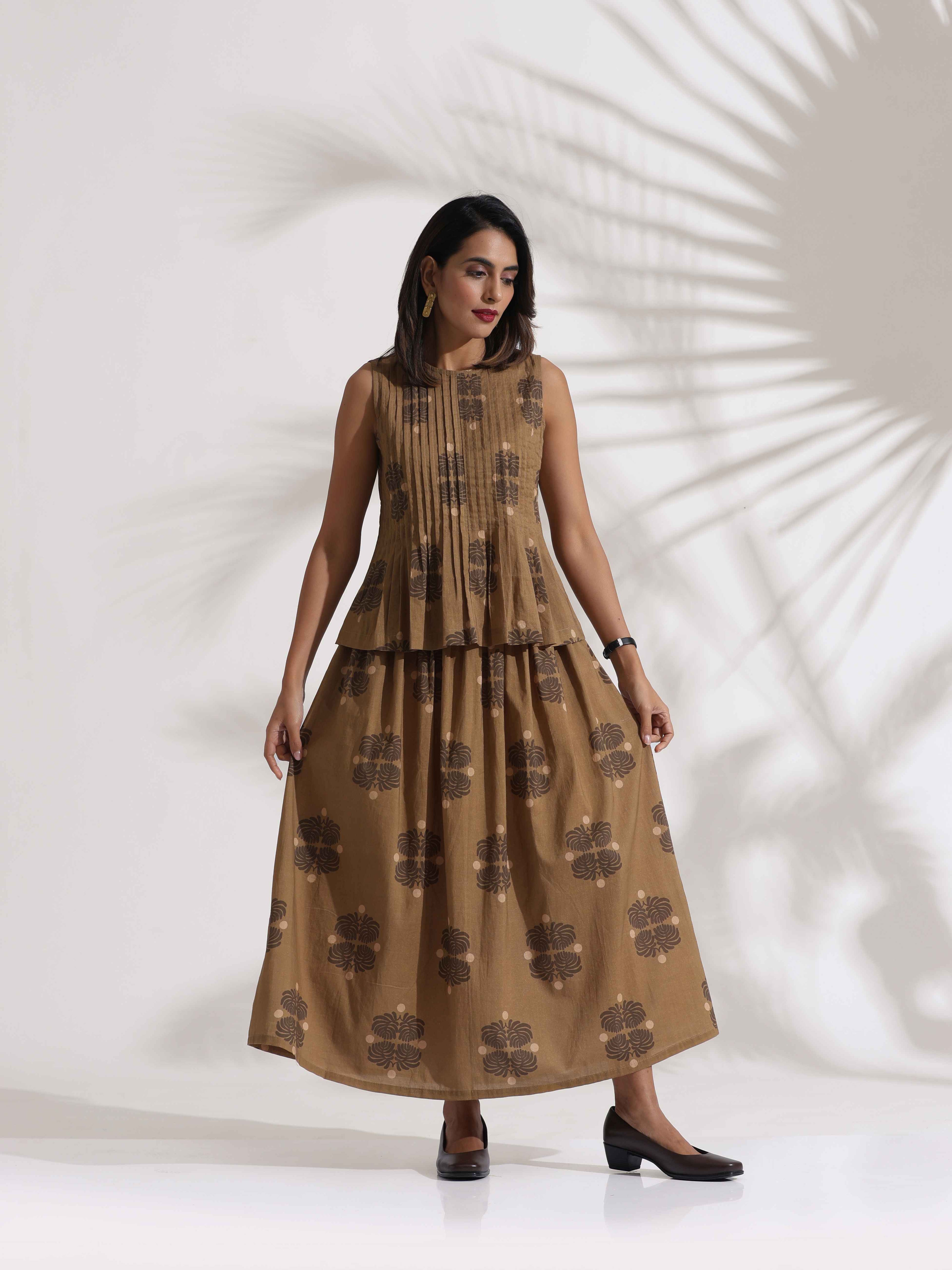 trueBrowns Beige Cotton Skirt Co-ord Set | Grocsy