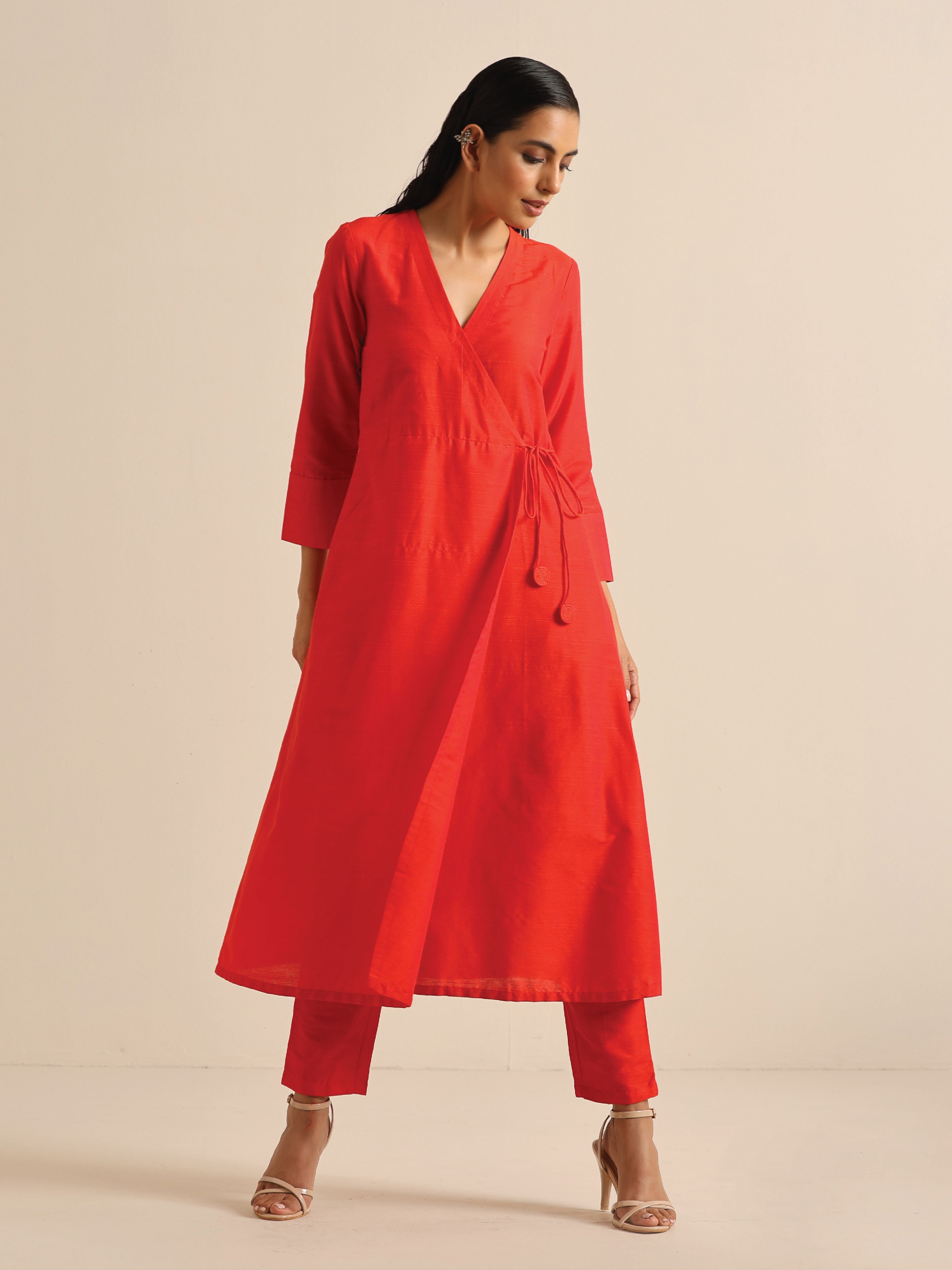 trueBrowns Orange Dupion Blend Angrakha Kurta Pant Set | Grocsy