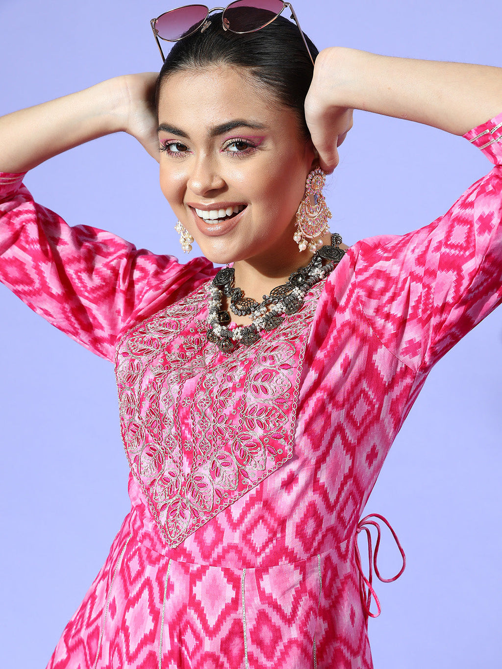 InWeave Women's Abstract Pink Print Long Dress With Work | Grocsy