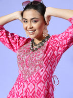 InWeave Women's Abstract Pink Print Long Dress With Work | Grocsy
