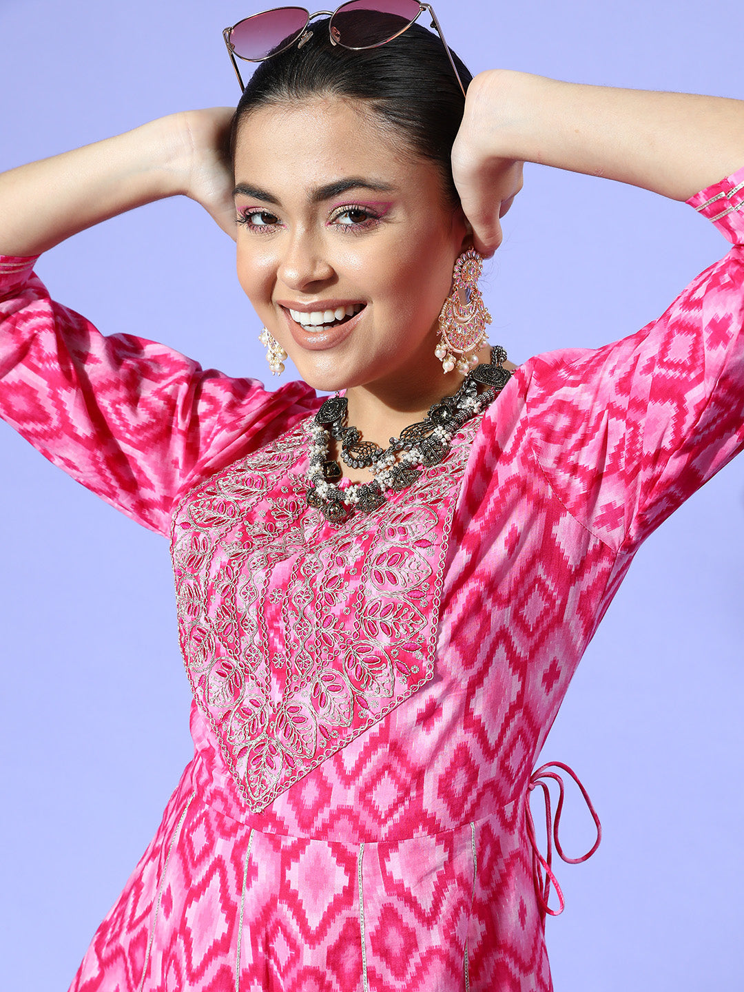 InWeave Women's Abstract Pink Print Long Dress With Work | Grocsy