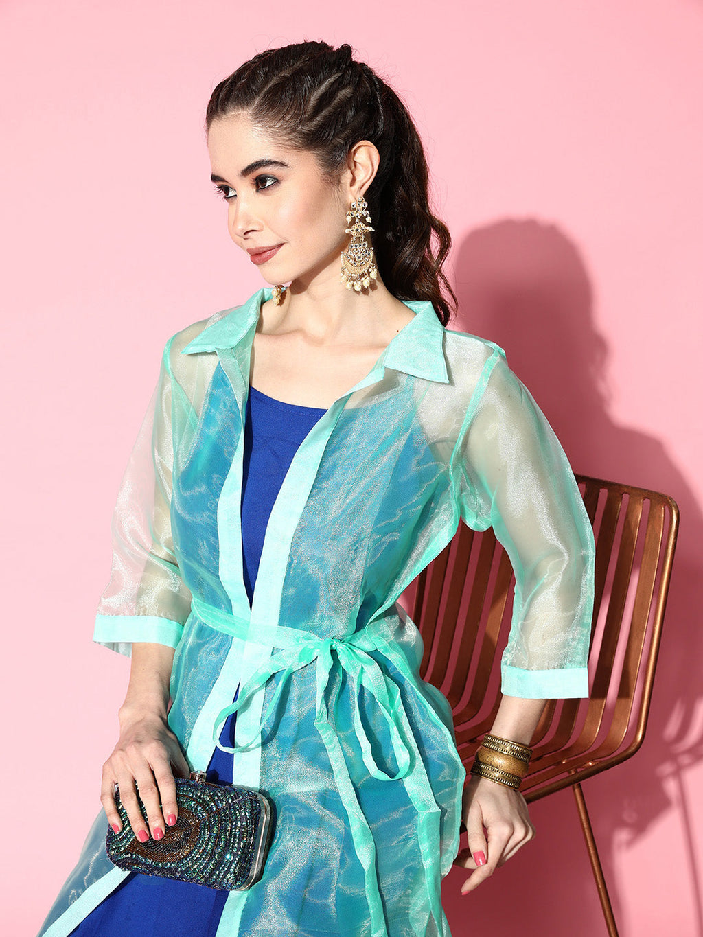 InWeave Women's Ink Blue Strappy Kurta Set With Teal Organza Cape | Grocsy