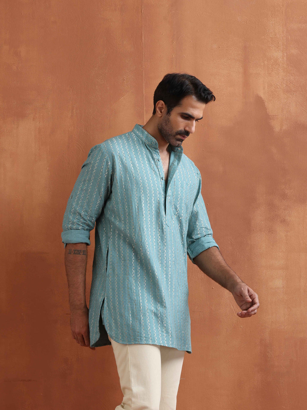 trueBrowns Men's Green Cotton Dobby Short Kurta | Grocsy