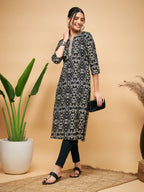 InWeave Women's Black Ikkat Print Gota Cotton Straight Kurta | Grocsy
