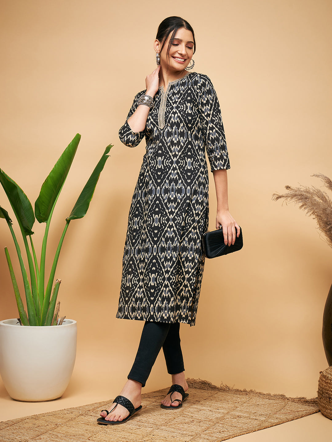 InWeave Women's Black Ikkat Print Gota Cotton Straight Kurta | Grocsy