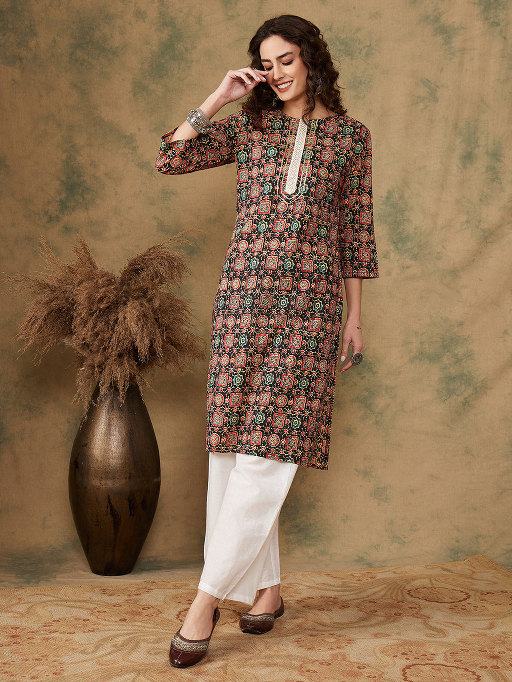 InWeave Women's Black Maroon Print Lace Gota Work Straight Kurta | Grocsy