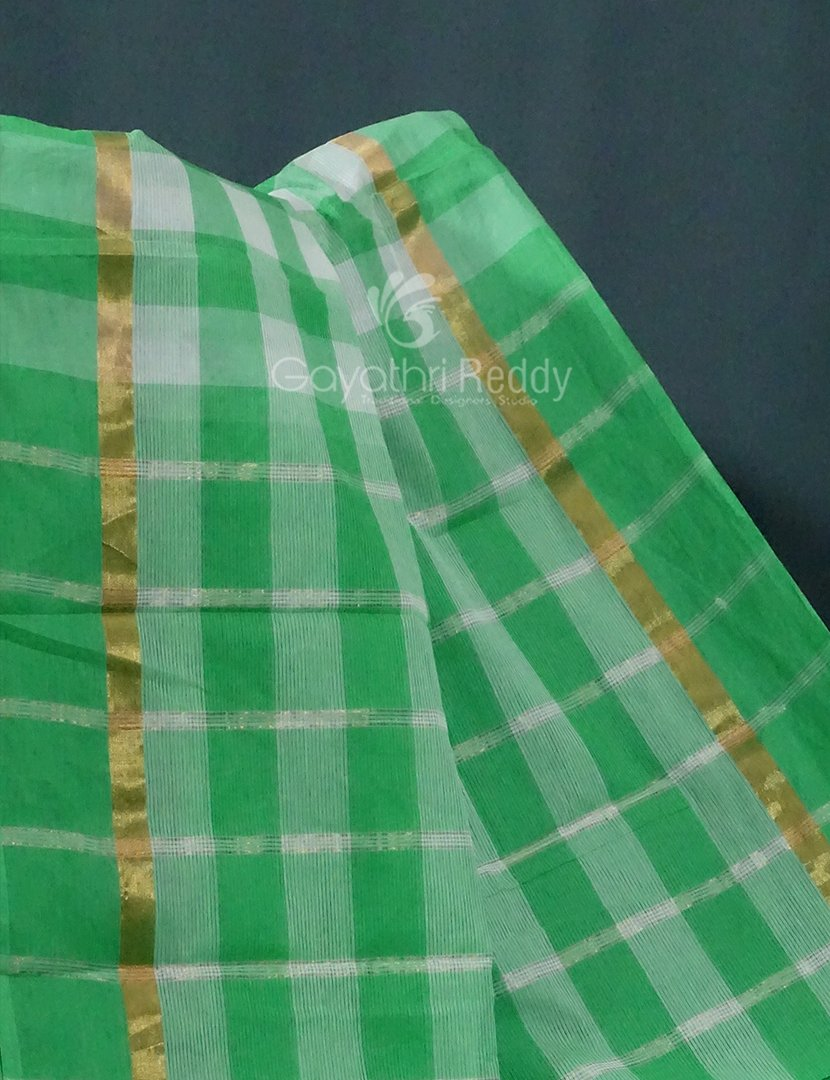 Cream And Green Colored With Checks Pure Mangalgiri Cotton Saree By Gayathri Reddy Designer Studio | Grocsy