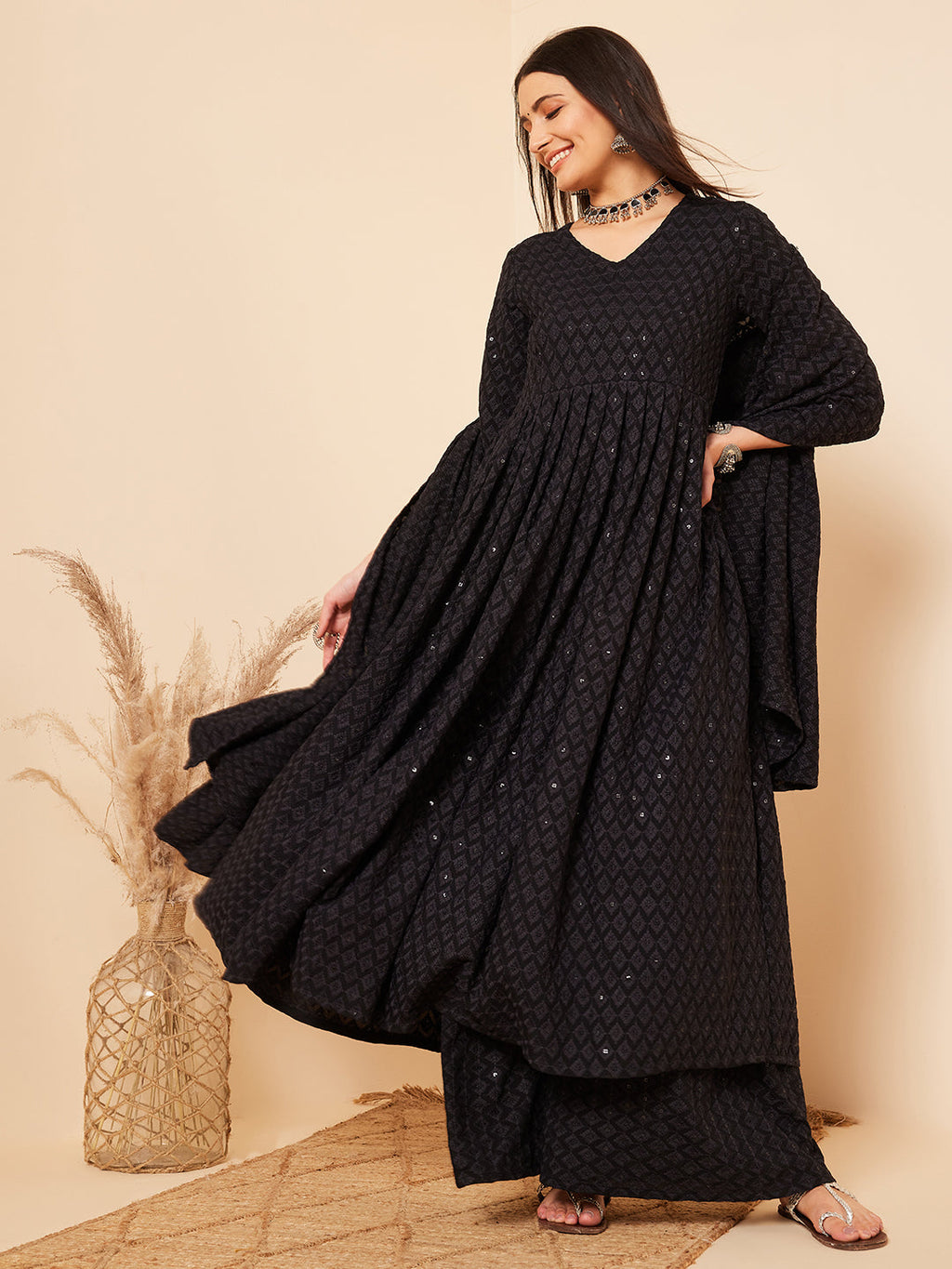 InWeave Women's Black Chikankari Long Anarkali Kurta Sharara Set W Dupatta | Grocsy