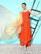 InWeave Women's Orange Red Gota Strappy Set With Orange Leh Dupatta | Grocsy