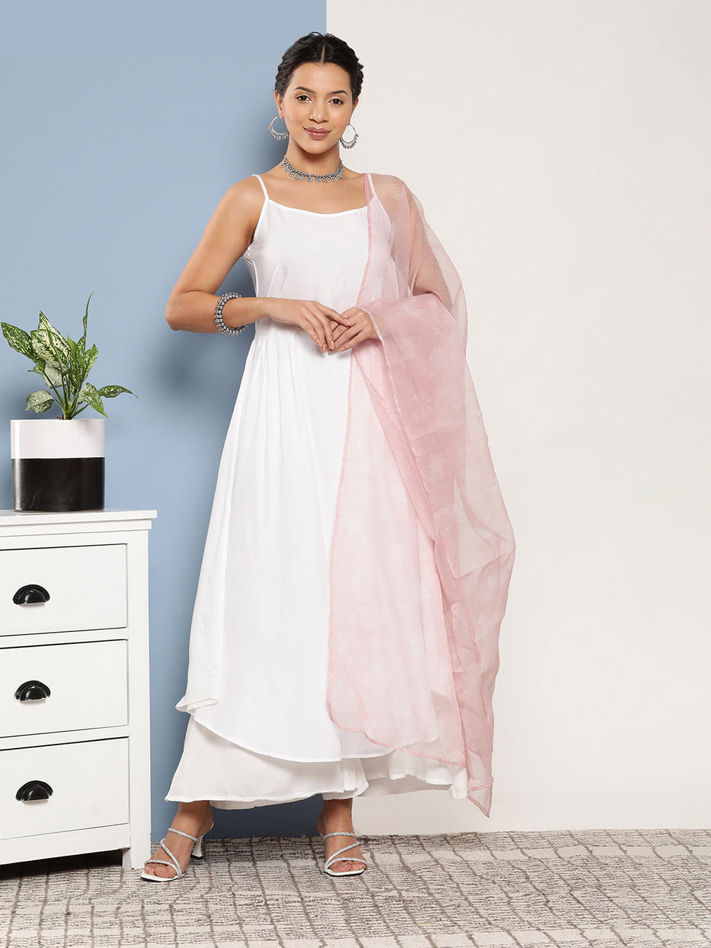 InWeave Women's Cream Strappy With Pink White Chintz Organza Dupatta | Grocsy