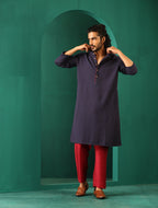 trueBrowns Men's Navy Dobby Textured Kurta | Grocsy