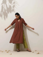 trueBrowns Brown Cotton Linen Kurta Pant Set | Grocsy