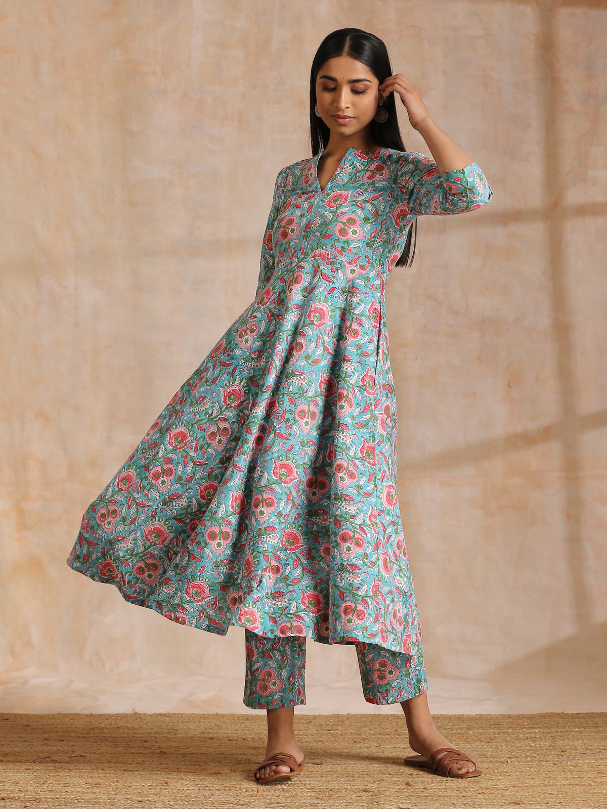 trueBrowns Turkish Blue Overall Floral Block Print Cotton Flared Kurta Pant Set | Grocsy