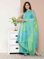 InWeave Women's Teal Lurex Boho Kurta Set With Aqua Leh Organza Dupatta | Grocsy